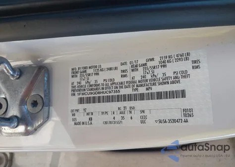 2017 Ford Escape Se z USA, uszkodzony, nr VIN 1FMCU9GD8HUC97355